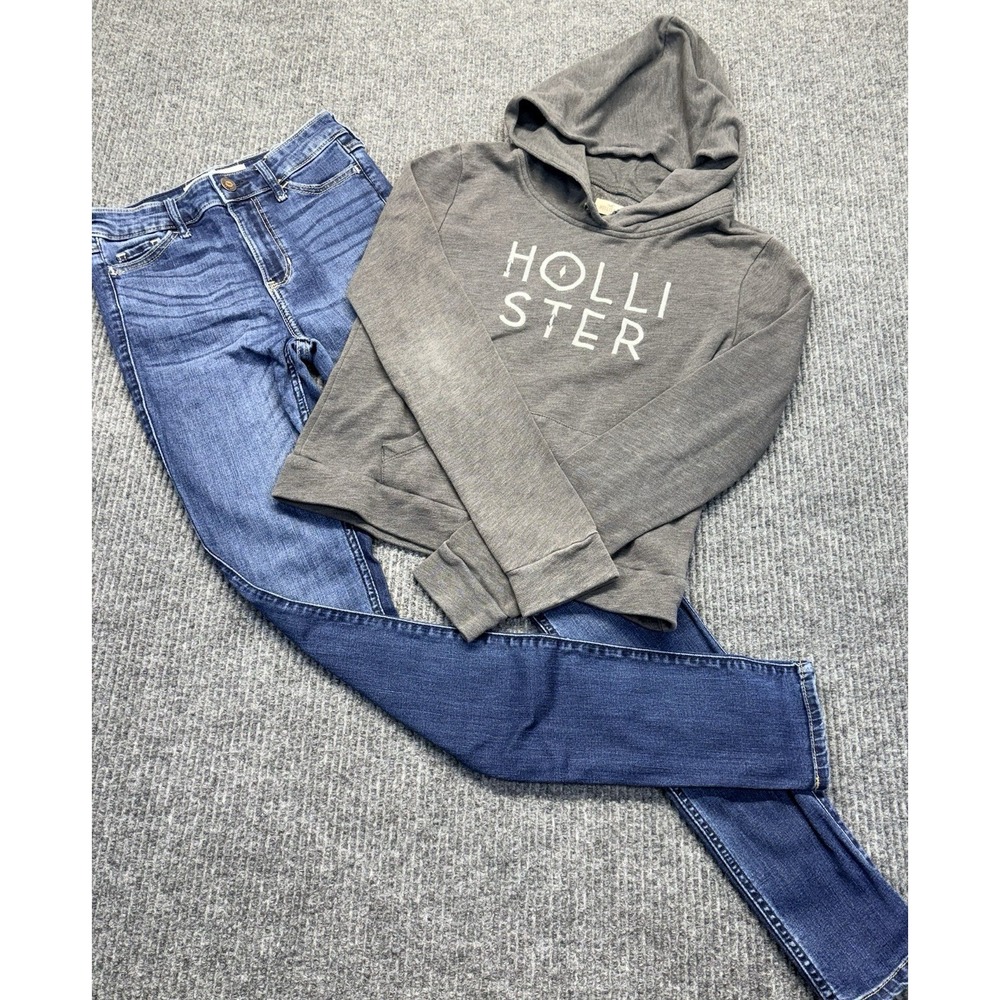 Hollister Women's XS Hoodie Jeans 24x32 2 Piece Outfit Bundle Gray Blue